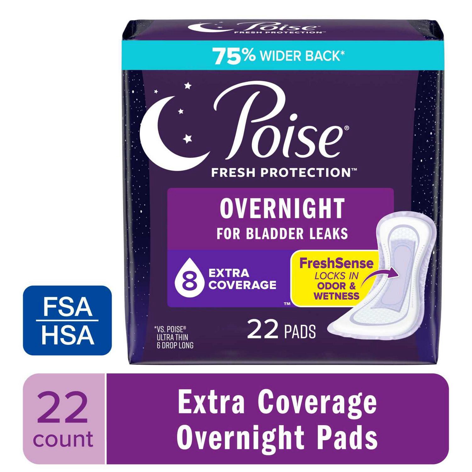 slide 8 of 9, Poise Overnight Incontinence & Postpartum Pads for Bladder Leaks, 8 Drop Extra Coverage, 22 Count, 22 ct