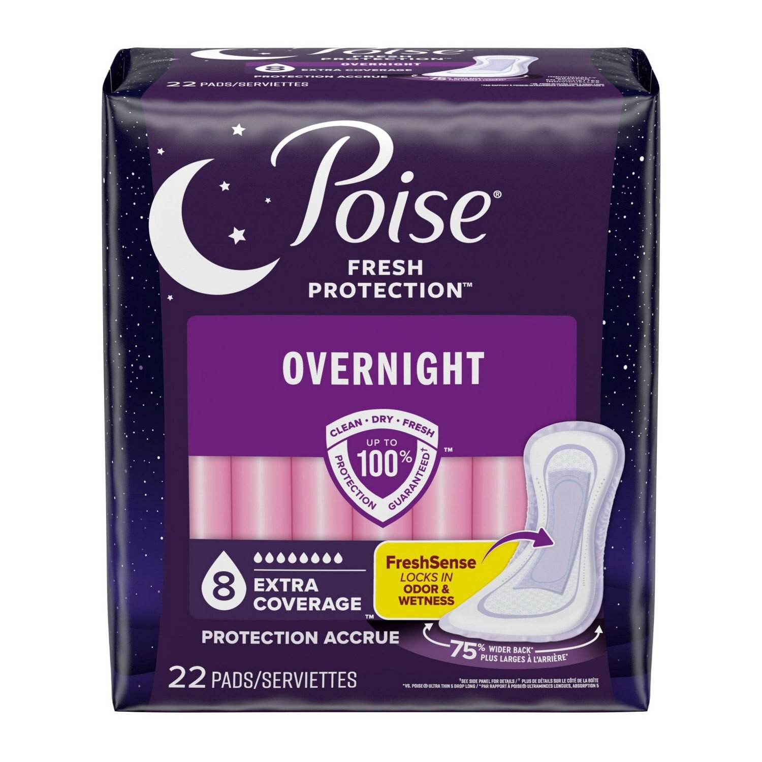 slide 6 of 9, Poise Overnight Incontinence & Postpartum Pads for Bladder Leaks, 8 Drop Extra Coverage, 22 Count, 22 ct