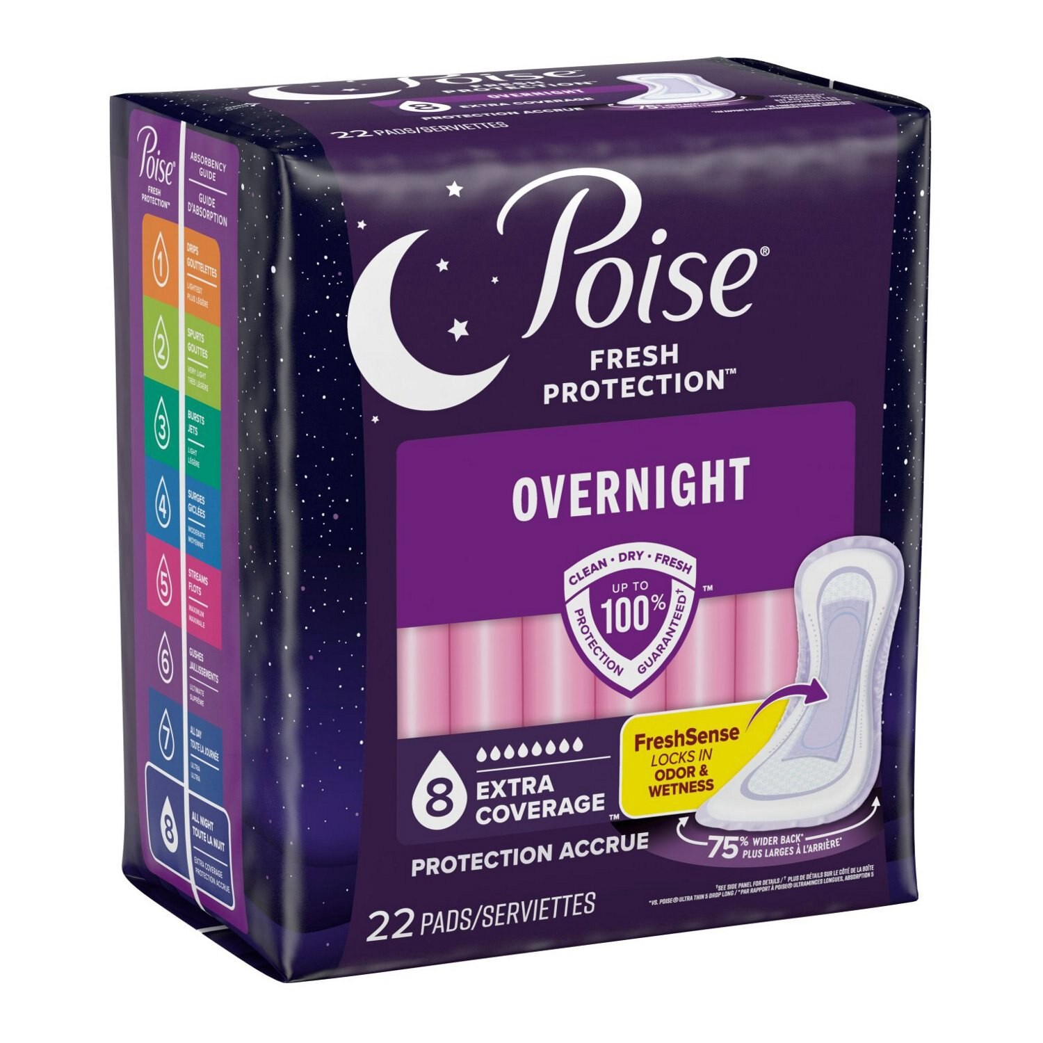 slide 9 of 9, Poise Overnight Incontinence & Postpartum Pads for Bladder Leaks, 8 Drop Extra Coverage, 22 Count, 22 ct