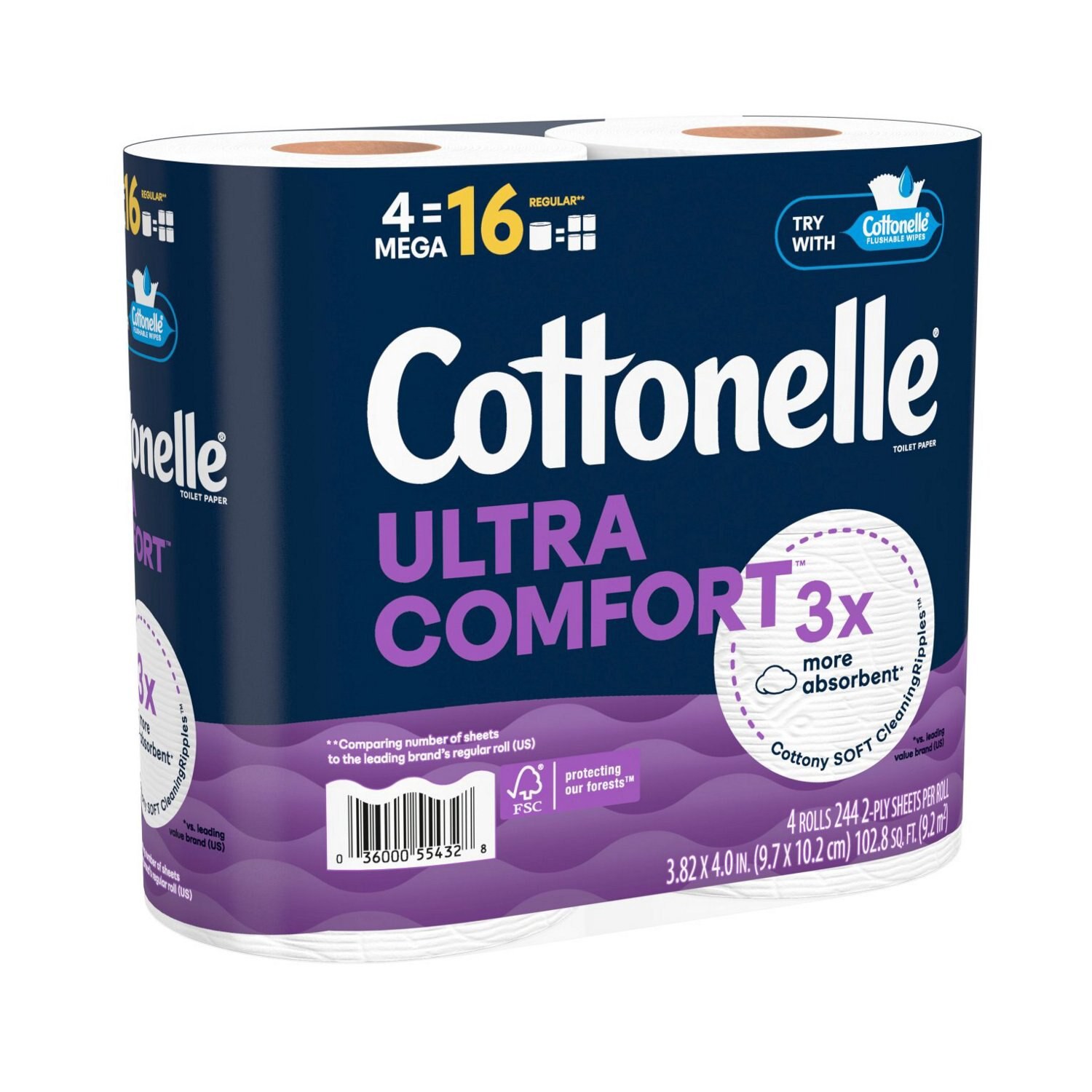slide 8 of 9, Cottonelle Ultra Comfort Toilet Paper, Strong Toilet Tissue, 4 Mega Rolls (4 Mega Rolls = 16 Regular Rolls), 244 Sheets Per Roll, 4 ct