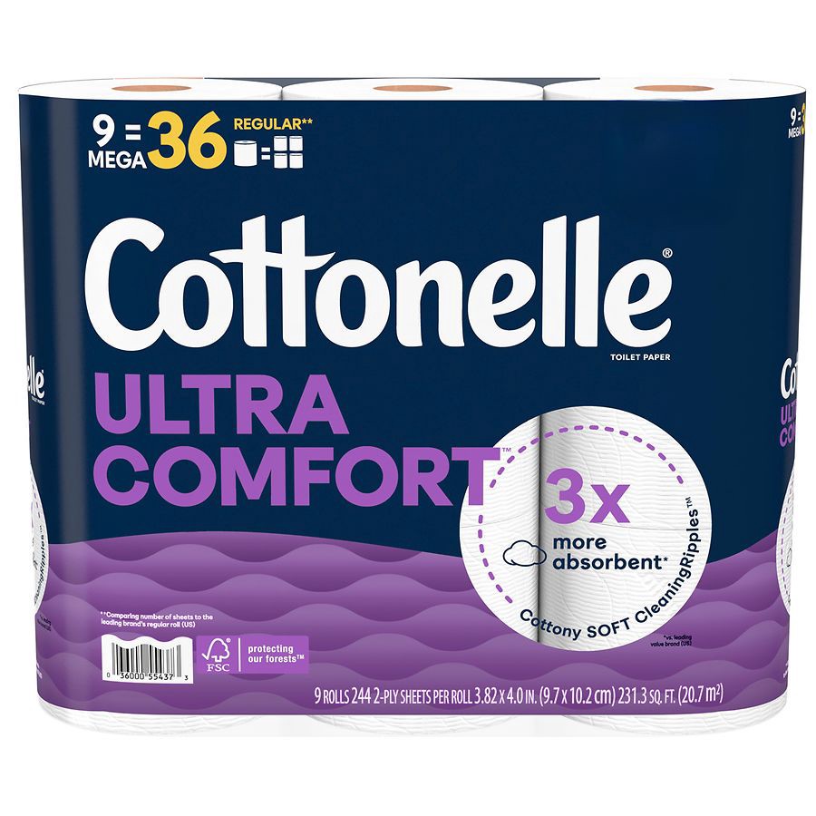 slide 5 of 5, Cottonelle Ultra Comfort Toilet Paper, Strong Toilet Tissue, 9 Mega Rolls (9 Mega Rolls = 36 Regular Rolls), 244 Sheets Per Roll, 9 ct