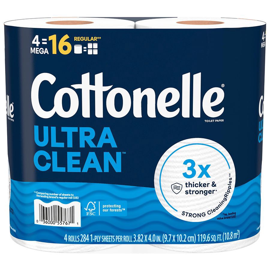 slide 3 of 5, Cottonelle Ultra Clean Toilet Paper, Strong Toilet Tissue, 4 Mega Rolls (4 Mega Rolls = 16 Regular Rolls), 284 Sheets Per Roll, 4 ct
