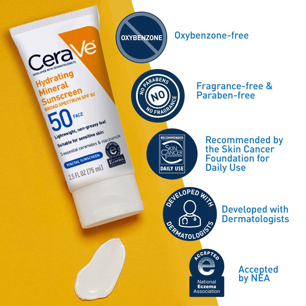 slide 2 of 6, CeraVe Hydrating Sunscreen, Face, Broad Spectrum Spf 50, 2.5 fl oz