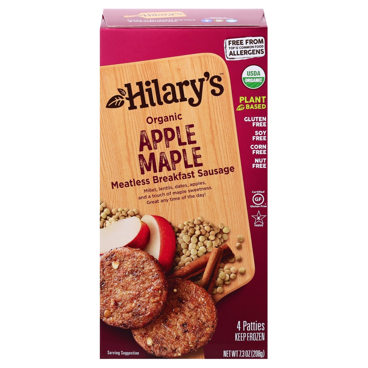 slide 1 of 1, Hilary's Frozen Veggie Breakfast Sausage Patties Apple Maple, 4 ct; 7.3 oz