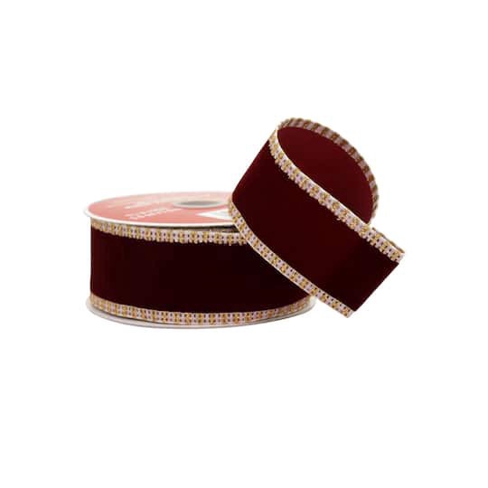 slide 1 of 3, 1.5" X 25ft. Burgundy With Gold Edges Wired Ribbon By Celebrate It, 1.5 in x 25 ft