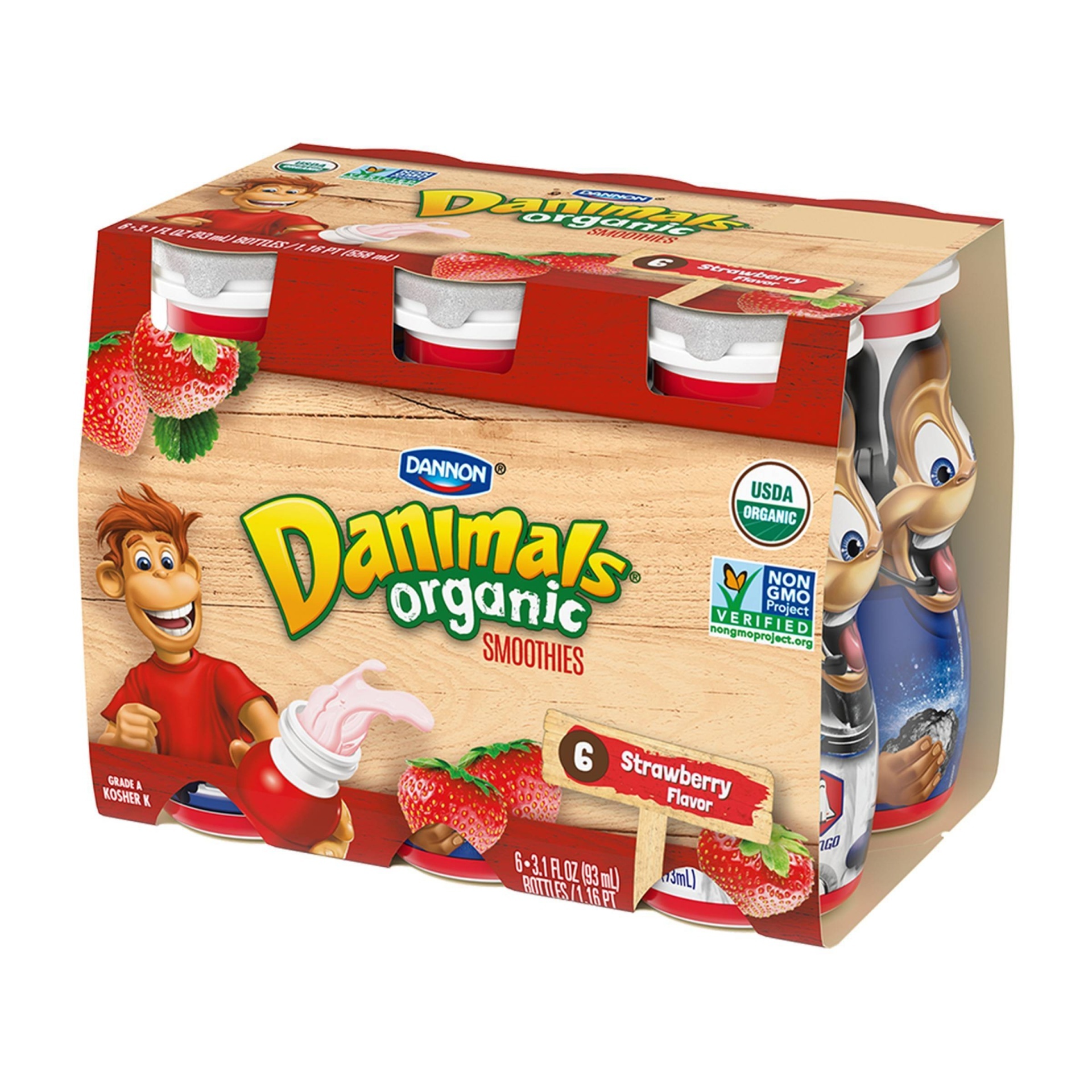 slide 1 of 5, DANNON Danimals Organic Strawberry Flavored Kids' Yogurt Smoothies, 6 ct, 3.1 fl oz