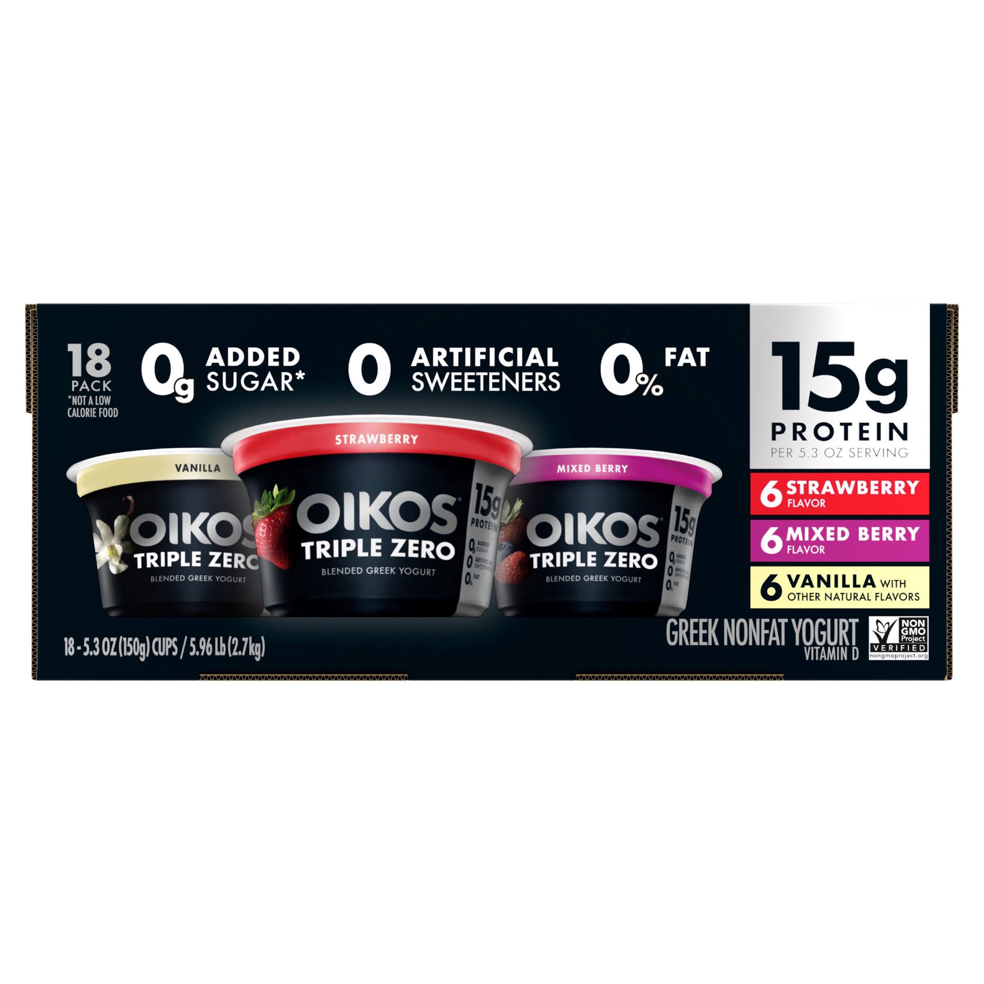 slide 1 of 1, Dannon Oikos Triple Zero Greek Nonfat Yogurt, Variety Pack, 5.3 oz, 18 count, 