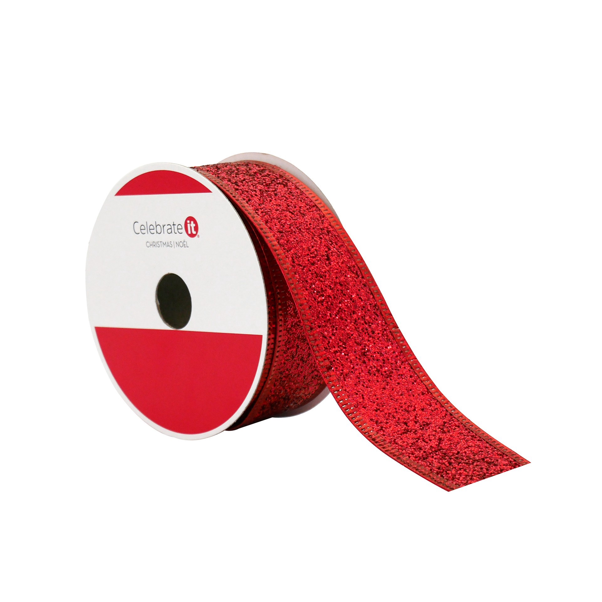 slide 3 of 3, 1.5" X 30ft. Red Wired Glitter Ribbon By Celebrate It, 1.5 in x 30 ft