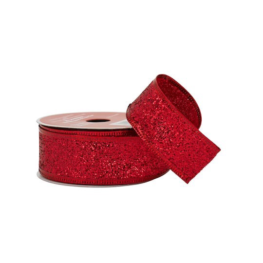 slide 1 of 3, 1.5" X 30ft. Red Wired Glitter Ribbon By Celebrate It, 1.5 in x 30 ft