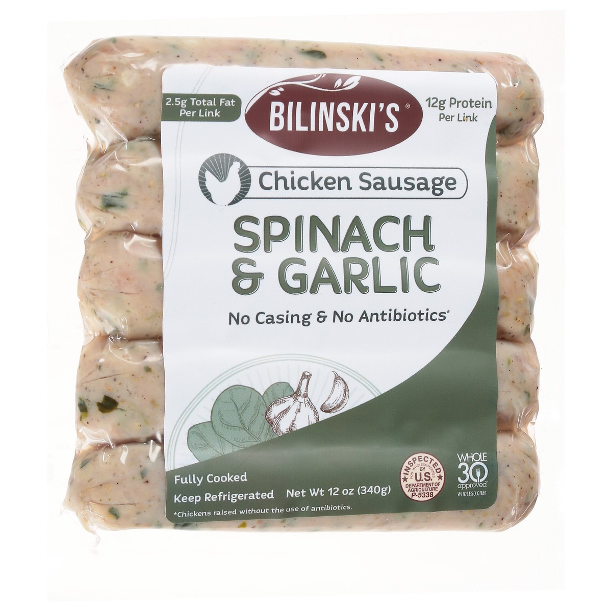 slide 2 of 9, Bilinski's Bilinski Spinach Chicken Sausage, 12 oz