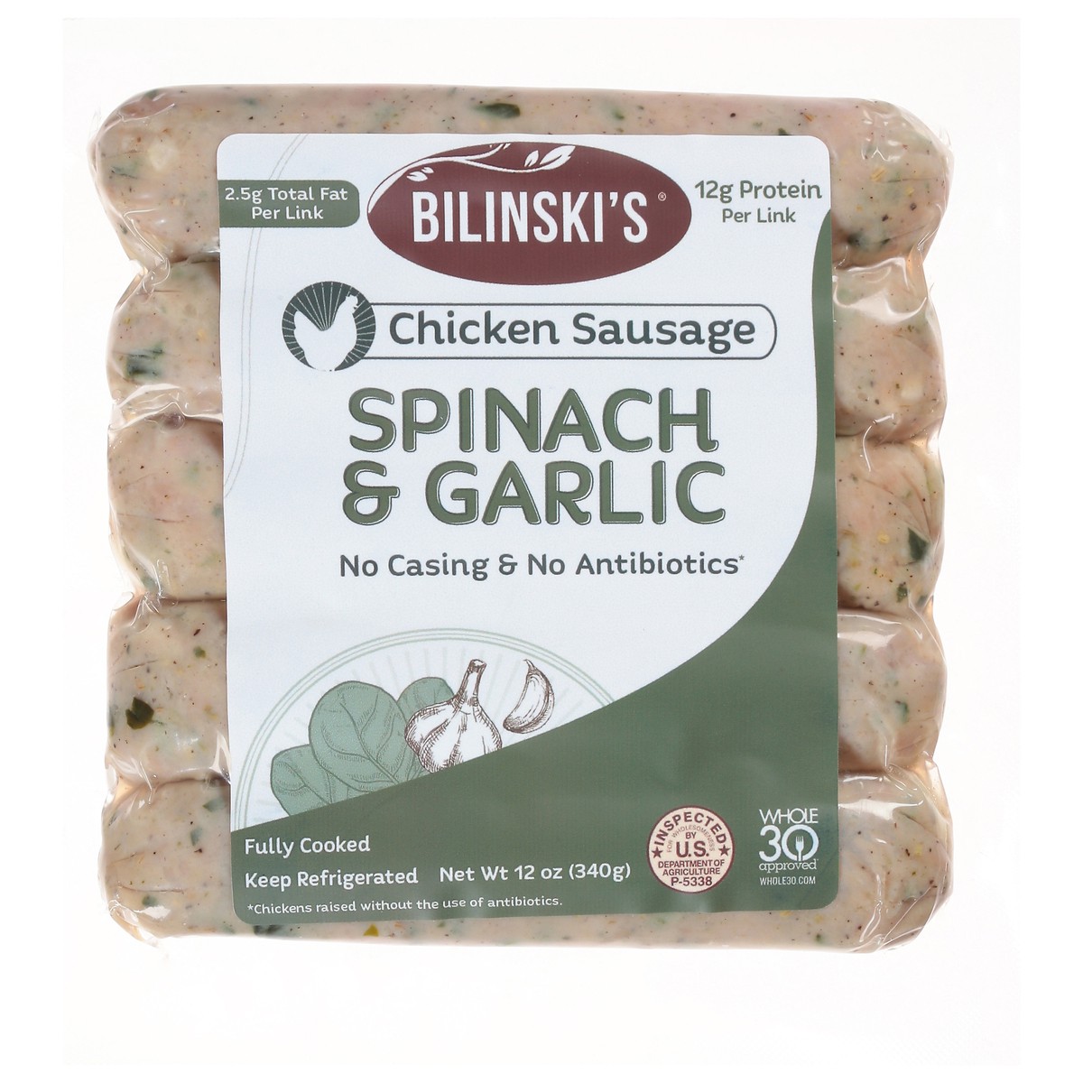 slide 1 of 9, Bilinski's Bilinski Spinach Chicken Sausage, 12 oz