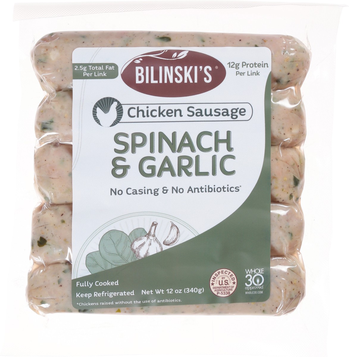 slide 6 of 9, Bilinski's Bilinski Spinach Chicken Sausage, 12 oz