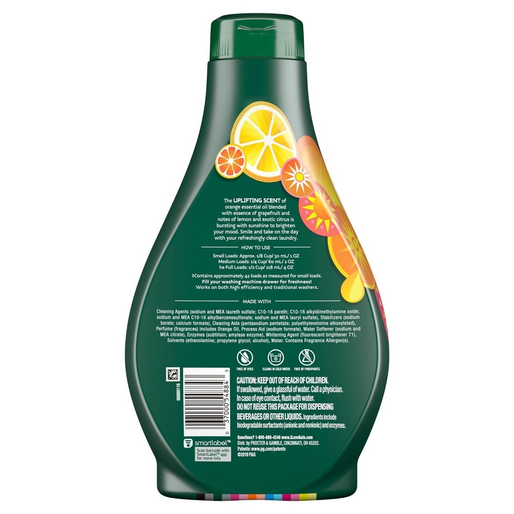 slide 3 of 3, Gain with Essential Oils Orange & Energetic Grapefruit Liquid Laundry Detergent - The Uplifting Scent, 42 fl oz