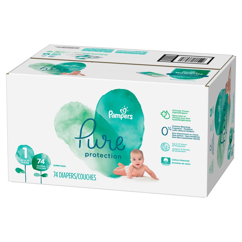 slide 6 of 7, Pampers Pure Baby Diapers, Size 1 (8-14 lbs), 82 count, Up to 100% Leakproof, Premium Hypoallergenic Soft Diapers, 82 ct