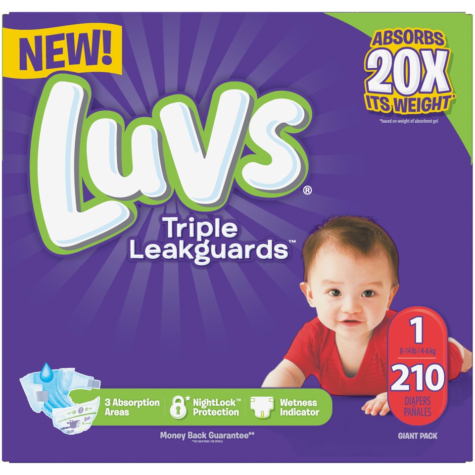 slide 2 of 4, Luvs Triple Leakguards Extra Absorbent Diapers Size 1, 210 ct