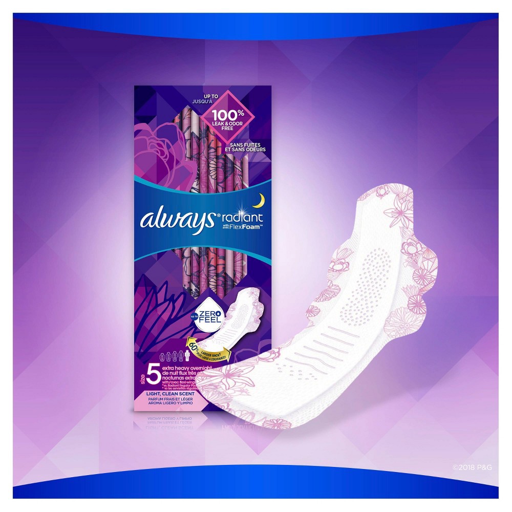 slide 3 of 5, Always Radiant with FlexFoam Pads\, Size 5\, Extra Heavy Overnight Absorbency\, with Wings\, Lightly Scented\, 18 CT, 18 ct