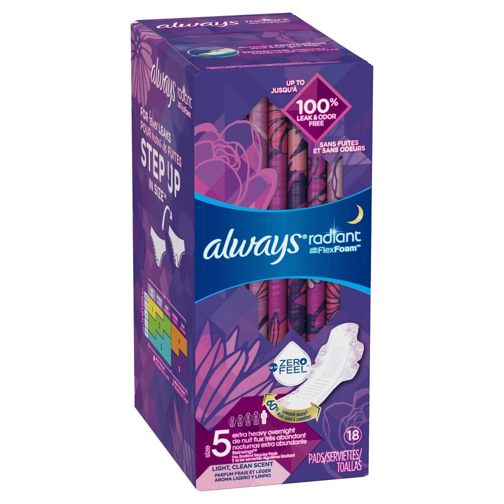 slide 4 of 5, Always Radiant Overnight Feminine Pads for Women, Size 5, Extra Heavy Nighttime, with Wings, Light Clean Scent, 18 ct, 18 ct