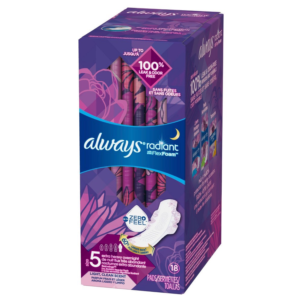 slide 5 of 5, Always Radiant Overnight Feminine Pads for Women, Size 5, Extra Heavy Nighttime, with Wings, Light Clean Scent, 18 ct, 18 ct