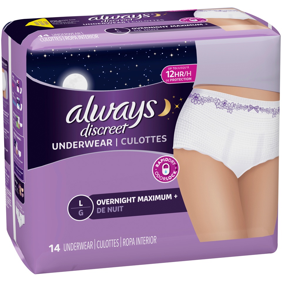 slide 3 of 4, Always Discreet, Incontinence Underwear For Women, Overnight Maximum +, Large, 14 ct