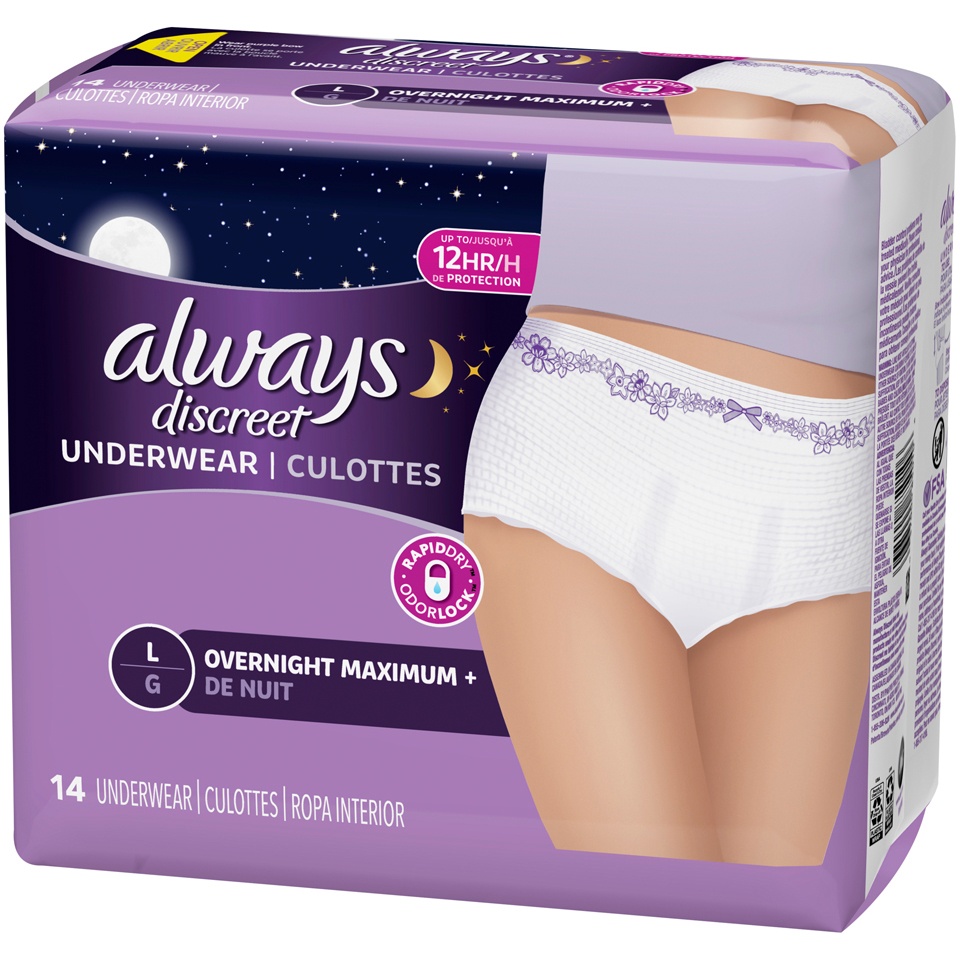 slide 4 of 4, Always Discreet, Incontinence Underwear For Women, Overnight Maximum +, Large, 14 ct