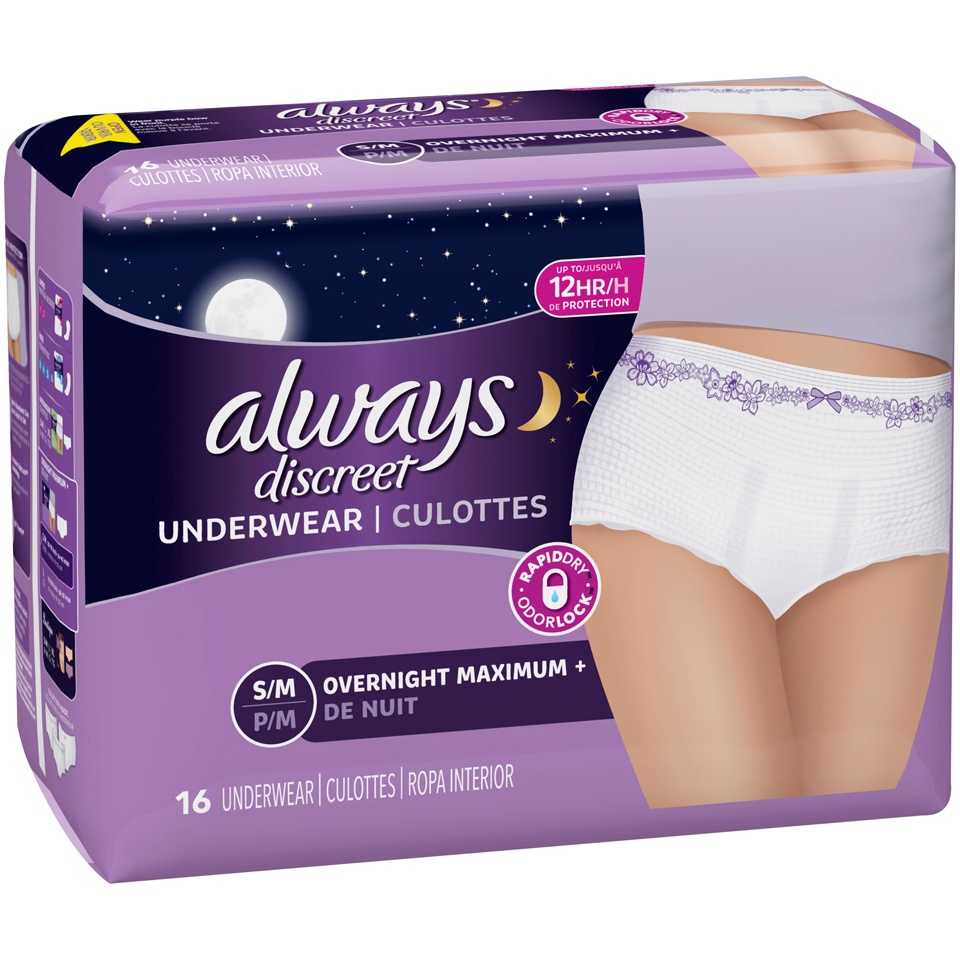 slide 3 of 3, Always Discreet, Incontinence Underwear For Women, Overnight Maximum +, Small/Medium, 16 ct