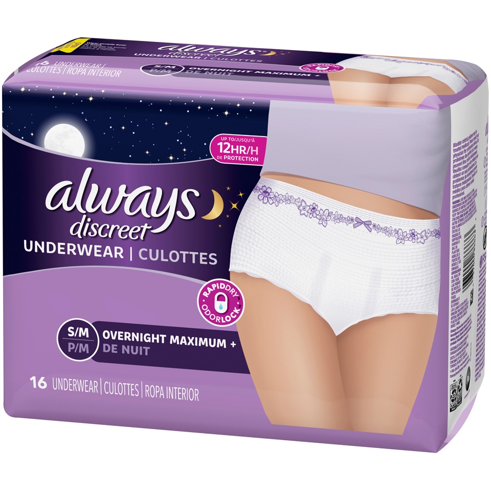 slide 2 of 3, Always Discreet, Incontinence Underwear For Women, Overnight Maximum +, Small/Medium, 16 ct