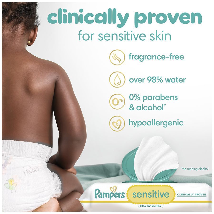 slide 2 of 5, Pampers Baby Wipes Pampers Sensitive, Clinically Proven, Fragrance Free, Water Based, Hypoallergenic Baby Wipes, 168 Baby Wipes Total (2X Flip-Top Packs), 168 ct