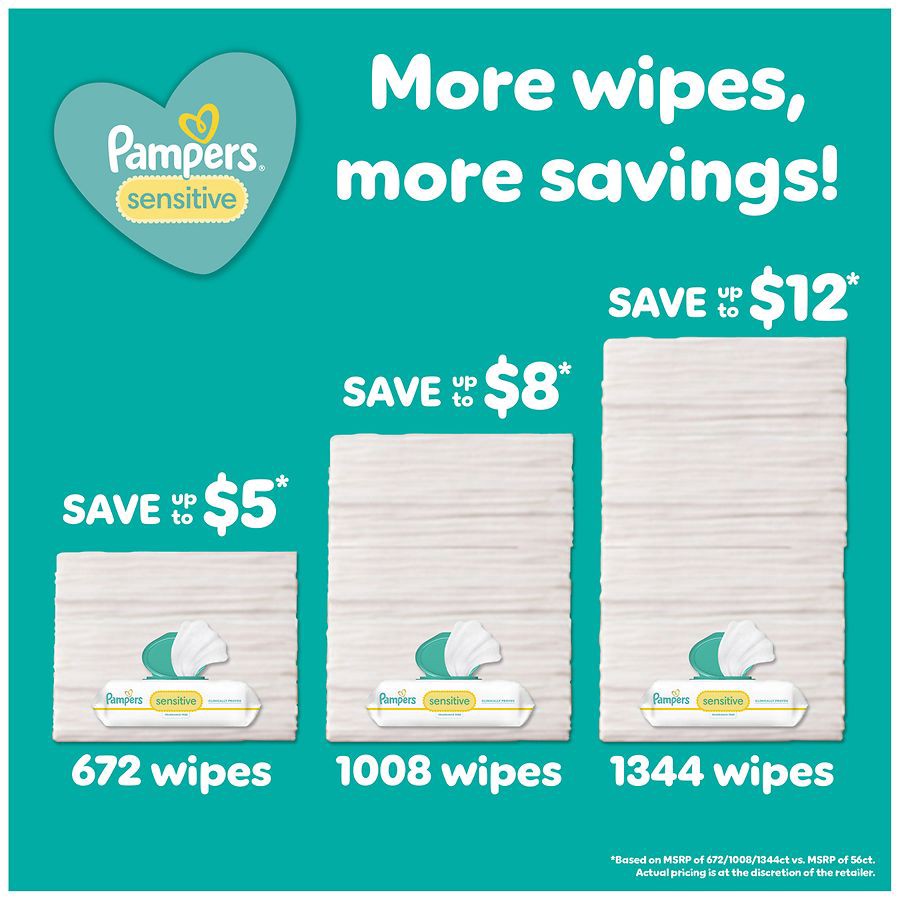 slide 3 of 5, Pampers Baby Wipes Pampers Sensitive, Clinically Proven, Fragrance Free, Water Based, Hypoallergenic Baby Wipes, 168 Baby Wipes Total (2X Flip-Top Packs), 168 ct