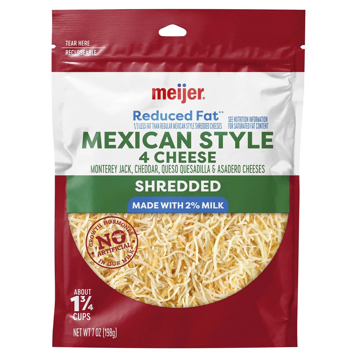 slide 1 of 2, Meijer Reduced Fat Shredded Mexican Style 4 Cheese, 7 oz