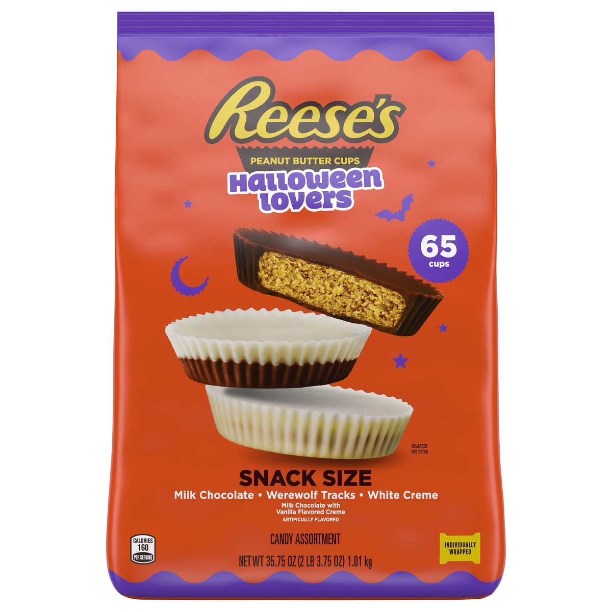 slide 1 of 4, Reese's Assorted Flavored Snack Size Peanut Butter Cups, Halloween Candy Bulk Bag, 35.75 oz (65 Pieces), 65 ct