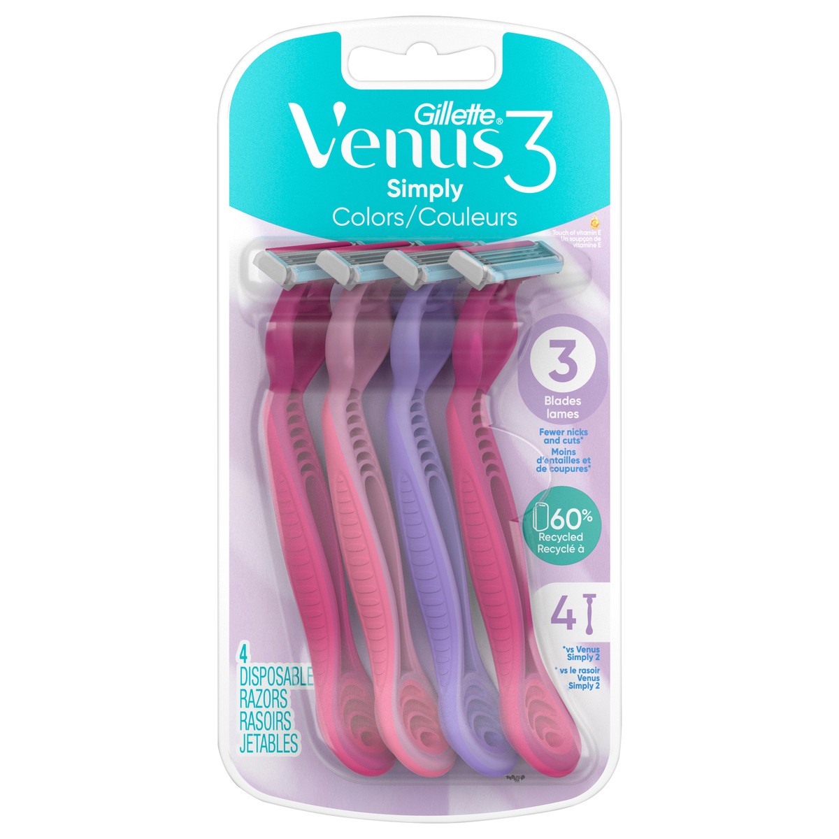 slide 1 of 2, Gillette Venus 3 Colors Simply Disposable Razors 4 ea, 4 ct