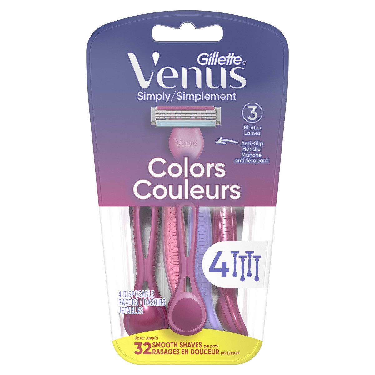 slide 1 of 1, Gillette Venus Simply 3 Colors Disposable Razors\, 4 Count, 4 ct