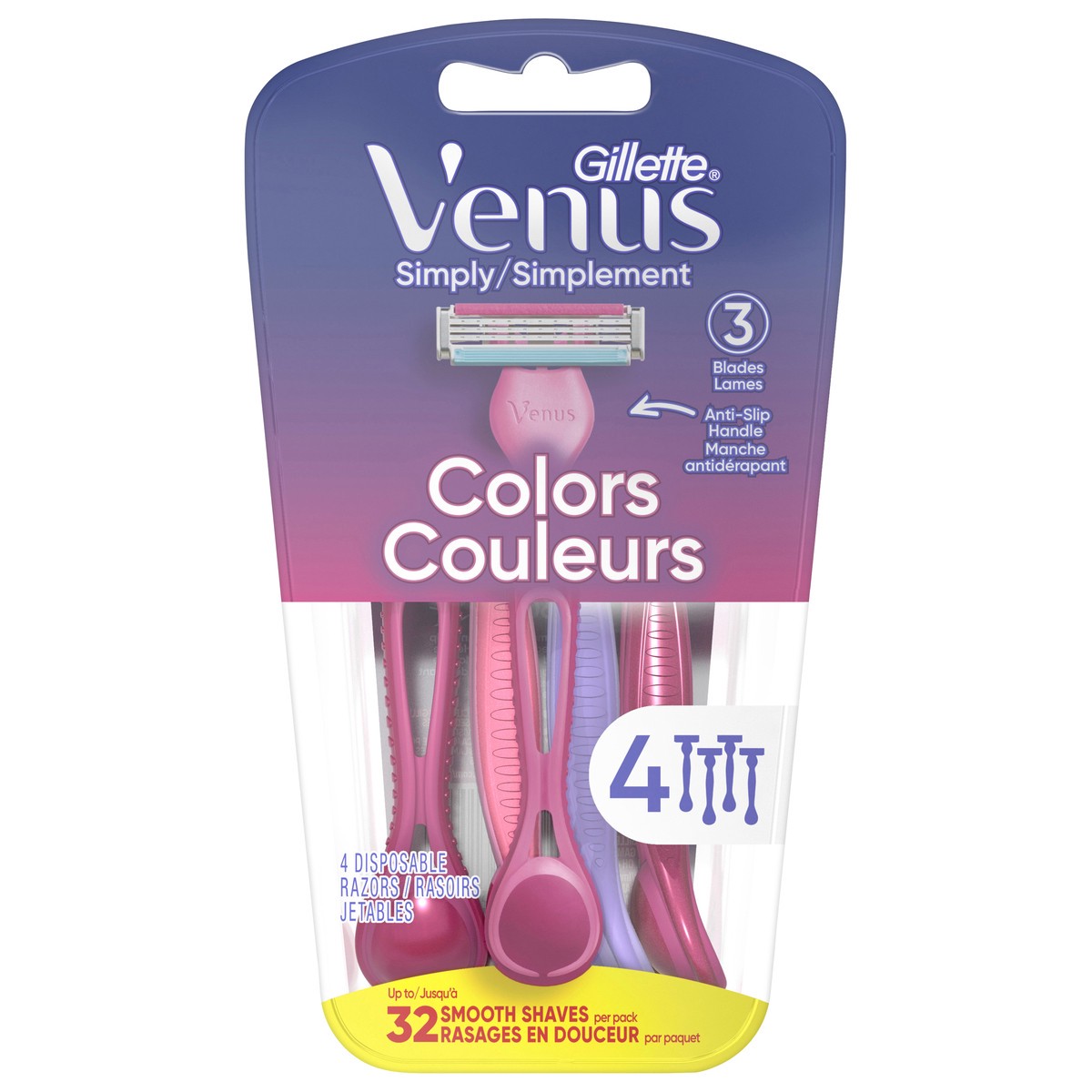 slide 1 of 2, Gillette Venus Simply 3 Colors Disposable Razors, 4 Count, 4 ct