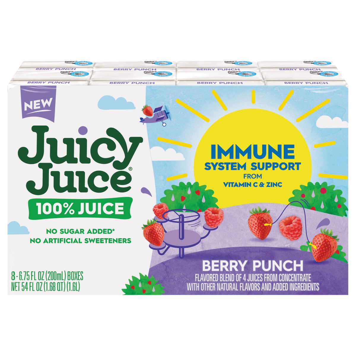 slide 1 of 4, Juicy Juice 100% Juice Immune System Support From Vitamin C And Zinc, Berry Punch, 8 Count, 6.75 Fl Oz Juice Boxes, 8 ct