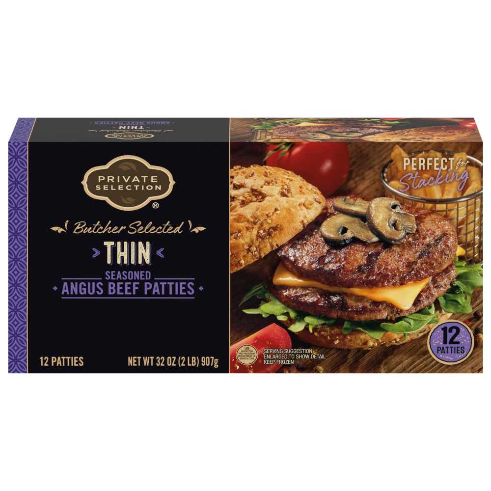 slide 1 of 3, Private Selection Thin Seasoned Angus Beef Patties, 12 ct