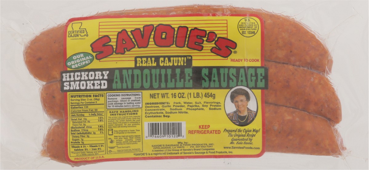 slide 12 of 14, Savoie's Cajun Hickory Smoked Andouille Sausage, 16 oz