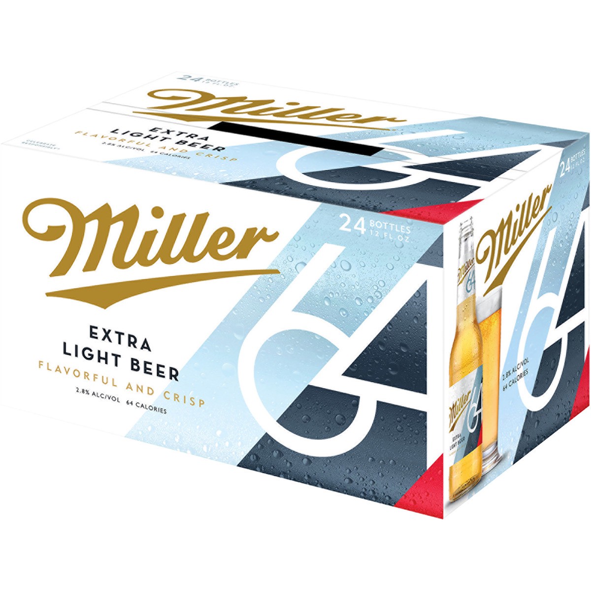 slide 2 of 5, Miller 64 Extra Light Lager Beer, 24 Pack, 12 fl. oz. Bottles, 2.8% ABV, 288 oz