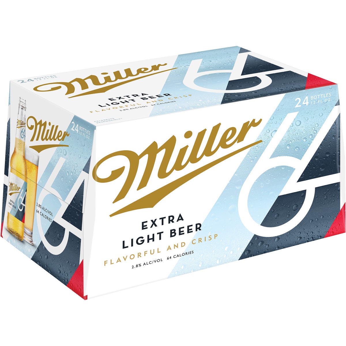 slide 1 of 5, Miller 64 Extra Light Lager Beer, 24 Pack, 12 fl. oz. Bottles, 2.8% ABV, 288 oz