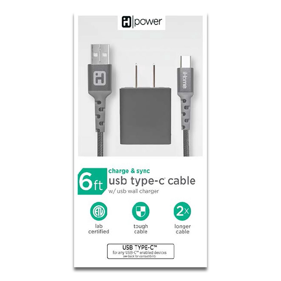 slide 1 of 1, iHome Black USB Wall Charger & 6' USB Type-C Cable Set, 6 ft