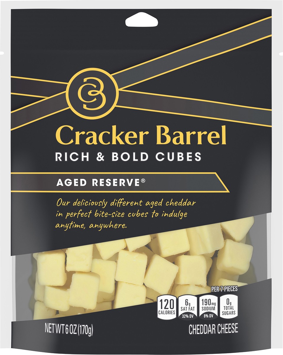 slide 1 of 8, Cracker Barrel Aged Reserve Cheddar Cheese Cubes, 6 oz Pouch, 6 oz