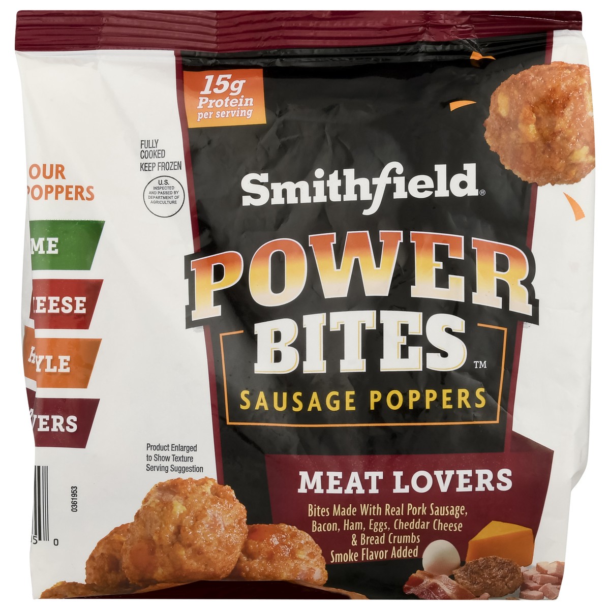 slide 1 of 9, Smithfield Power Bites Meat Lovers Sausage Poppers 12 oz, 12 oz