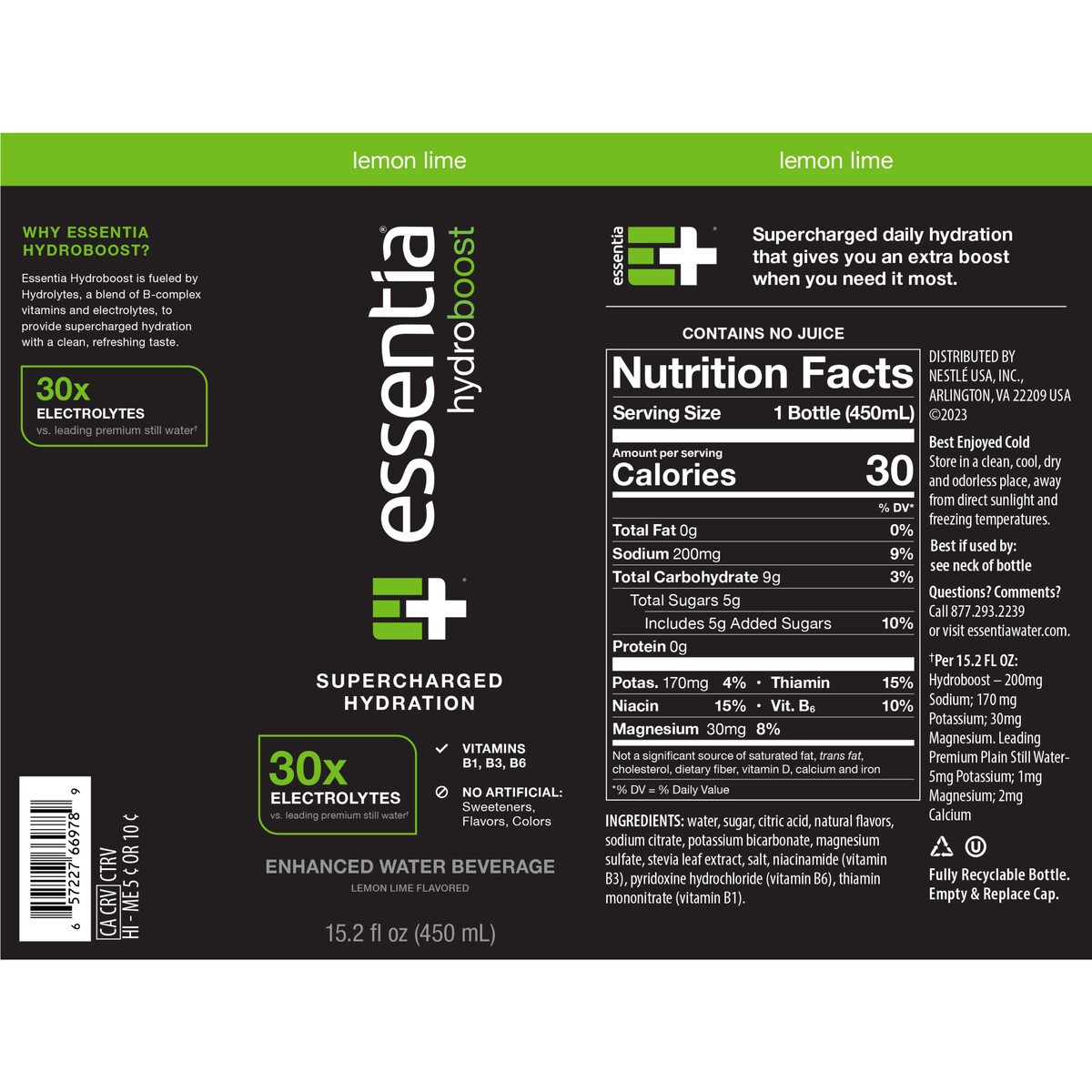 slide 5 of 14, ESSENTIA Hydroboost Enhanced Water Beverage Lemon Lime 15.2 oz. Sgl PET, 15.2 fl oz