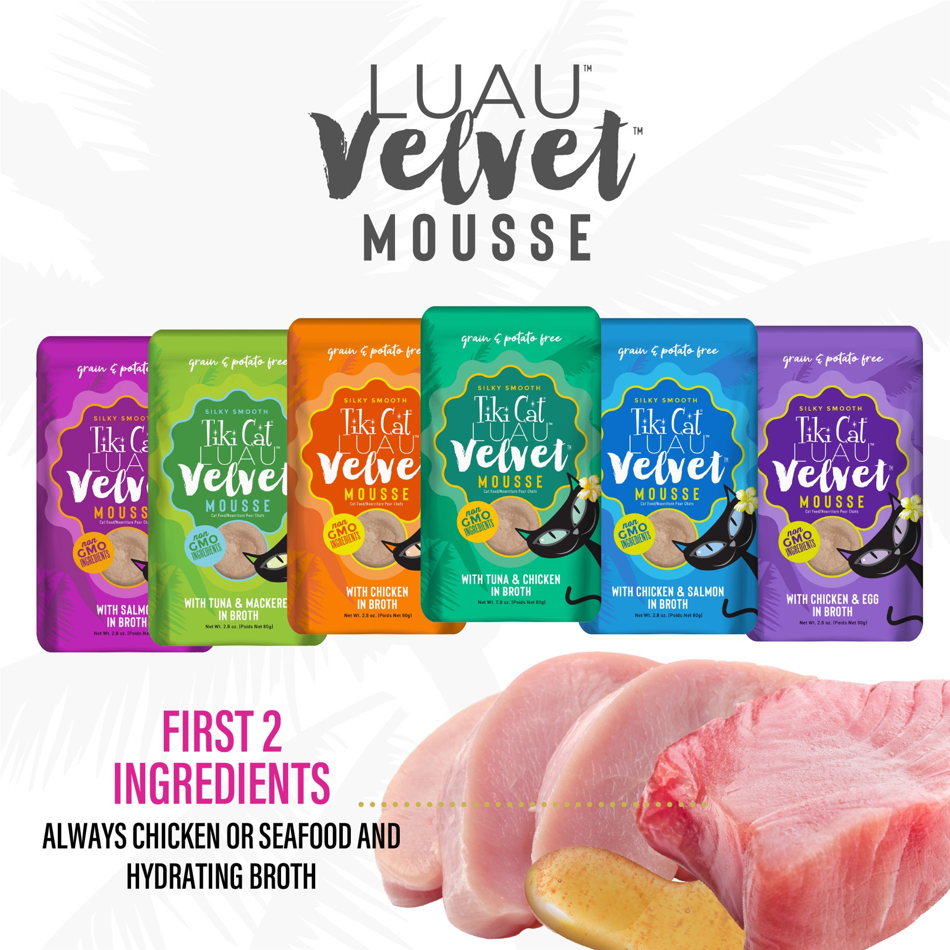 slide 9 of 9, Tiki Cat Luau Velvet Mousse Wet Cat Food, Variety Pack, 2.8 oz. Pouch (12 Count), 2.8 oz