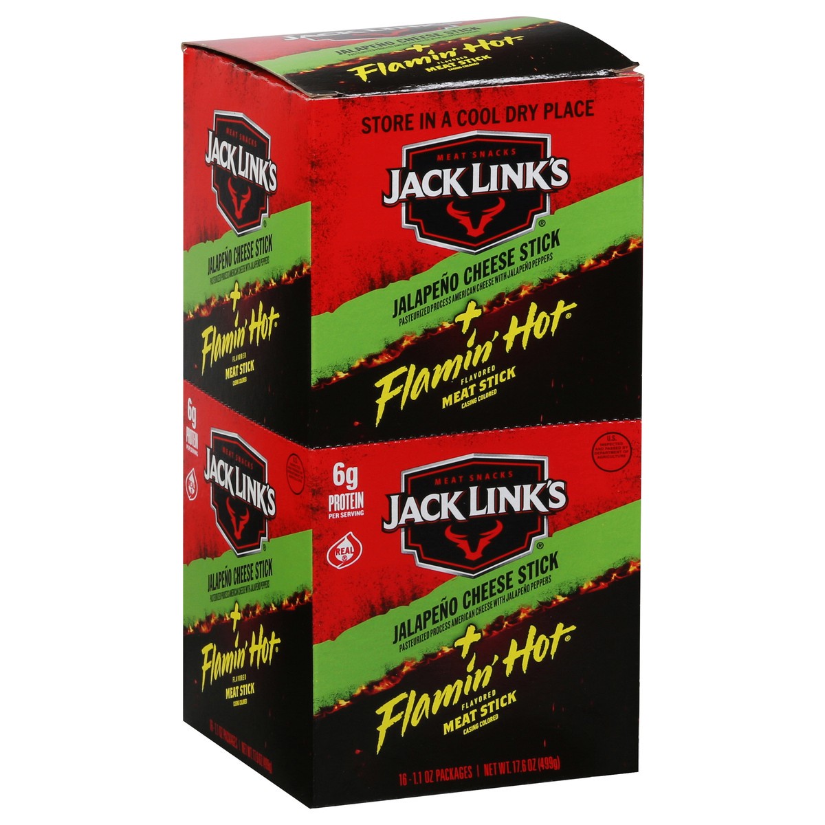 slide 9 of 12, Jack Link's Jalapeno/Flamin' Hot Flavored Cheese Stick + Meat Stick 16 - 1.1 oz Packages, 16 ct