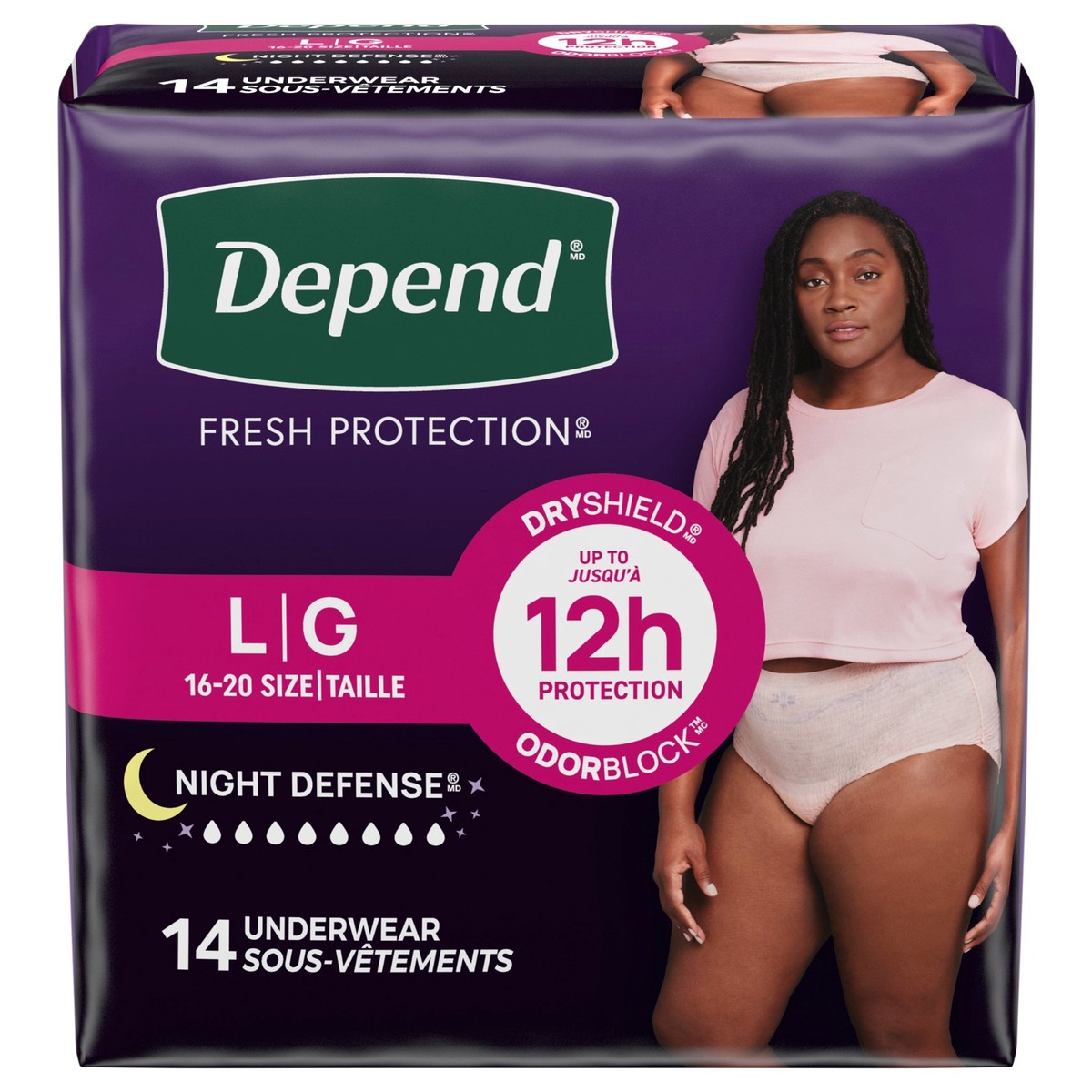 slide 1 of 1, Depend Night Defense Adult Incontinence & Postpartum Bladder Leak Underwear for Women, Disposable, Overnight, Large, Blush, 14 Count, 14 ct