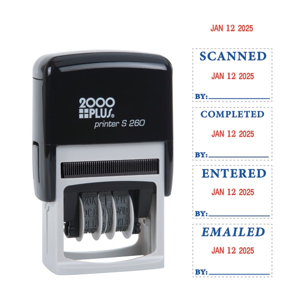 slide 1 of 1, 2000Plus 2000 Plus Date Message Dater Stamp Entered, Scanned, Emailed, Received Stamp, 4-In-1 Date Message Dater Self-Inking Stamp, 15/16'' X 1-3/4'' Impression, Blue And Red Ink, 1 ct