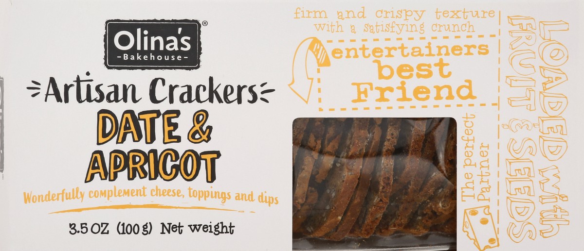 slide 4 of 12, Olina's Bakehouse®  artisan crackers crisp, date apricot, 3.5 oz