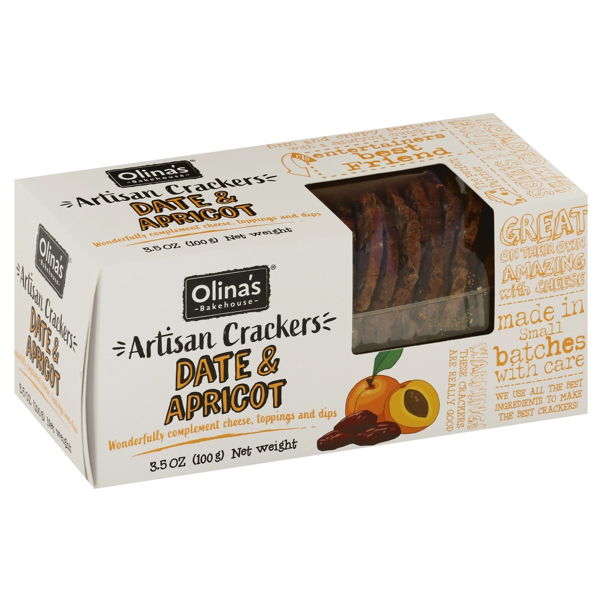 slide 9 of 12, Olina's Bakehouse®  artisan crackers crisp, date apricot, 3.5 oz