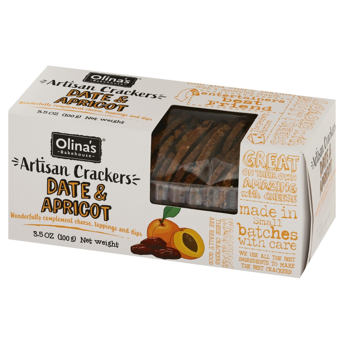 slide 8 of 12, Olina's Bakehouse®  artisan crackers crisp, date apricot, 3.5 oz