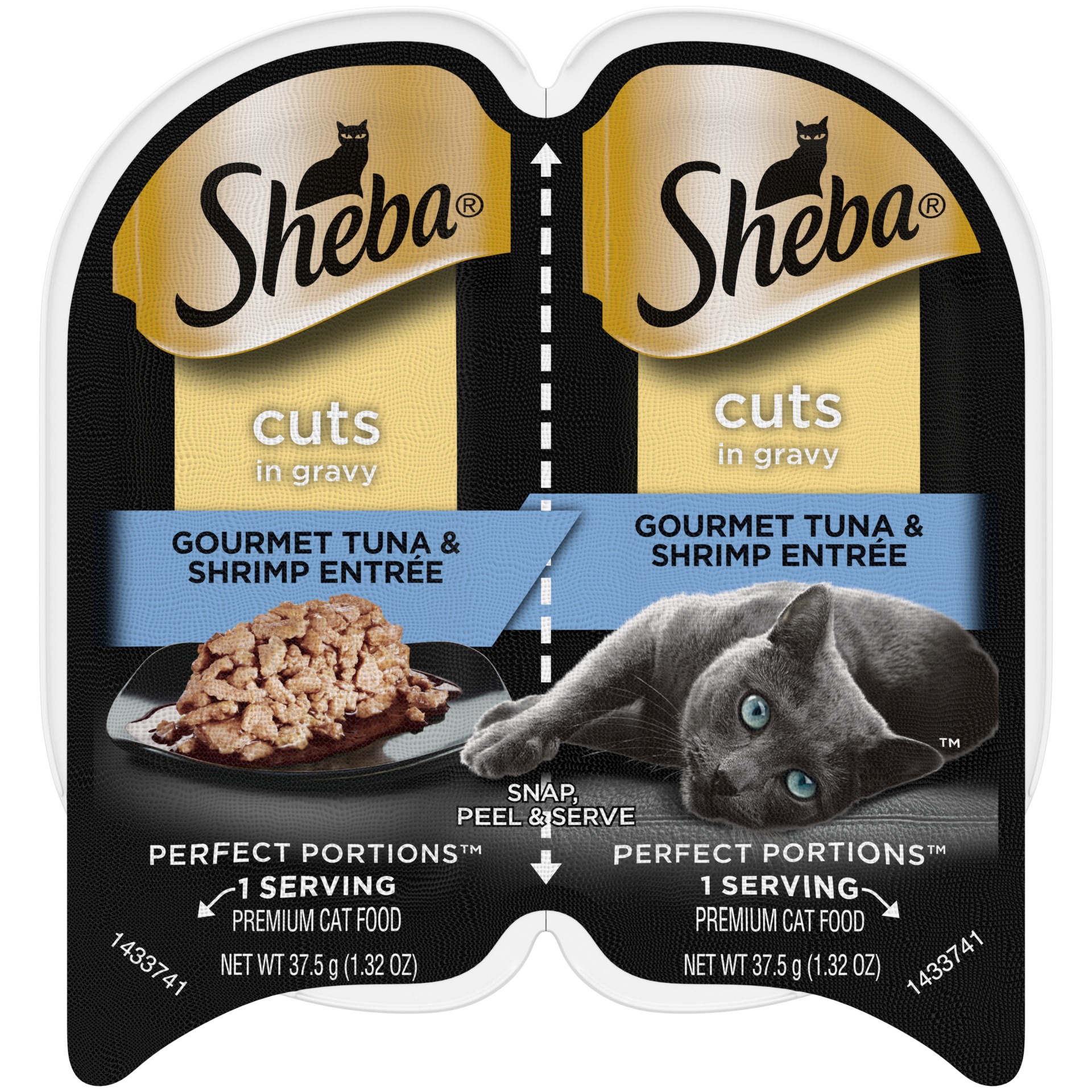 slide 1 of 1, SHEBA Wet Cat Food Cuts in Gravy Gourmet Tuna & Shrimp Entree, (24) PERFECT PORTIONS Twin-Pack Trays, 2.64 oz